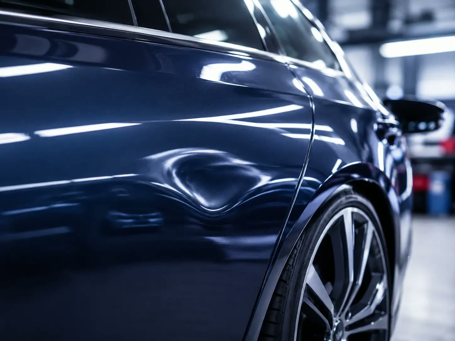 Delle in der Seitenwand eines dunkelblauen Fahrzeugs vor der Dellenreparatur